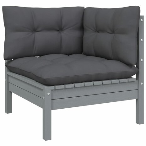 3-delige Loungeset met kussens massief grenenhout grijs 3