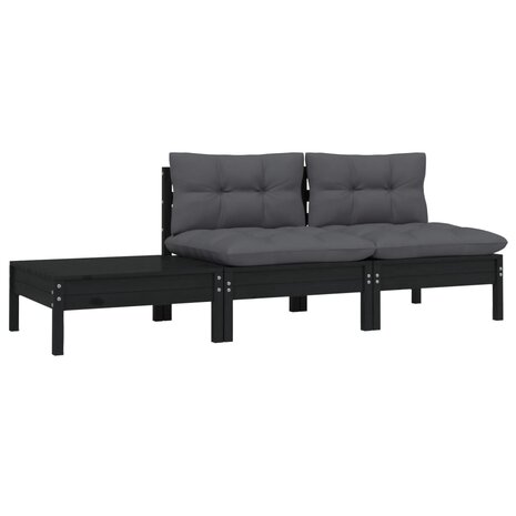 3-delige Loungeset met kussens massief grenenhout zwart 2