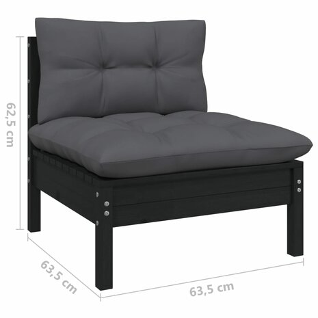 3-delige Loungeset met kussens massief grenenhout zwart 10