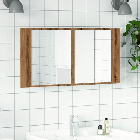 Spiegelkast LED 90x12x45 cm bewerkt hout artisanaal eikenkleur 4