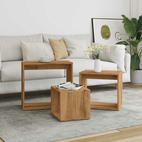 3-delige Tafeltjesset bewerkt hout artisanaal eikenkleur 3