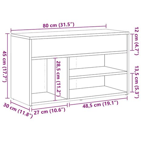 Schoenenbank 80x30x45 cm bewerkt hout oud houtkleurig 11