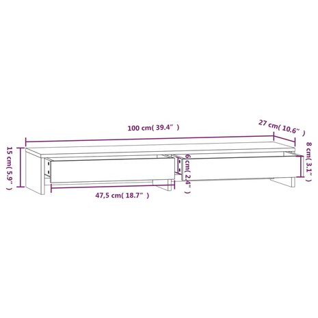 Monitorstandaard 100x27x15 cm massief grenenhout honingbruin 9