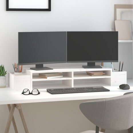 Monitorstandaard 100x27,5x15 cm massief grenenhout wit 3