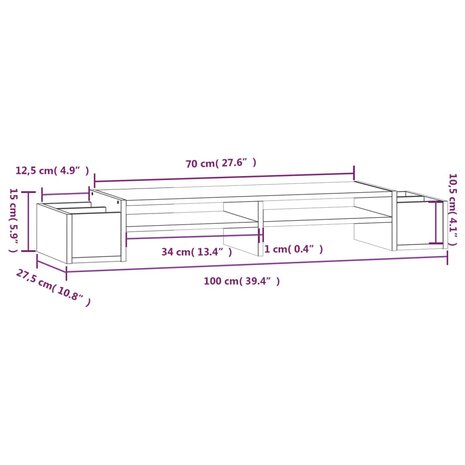 Monitorstandaard 100x27,5x15 cm massief grenenhout wit 8