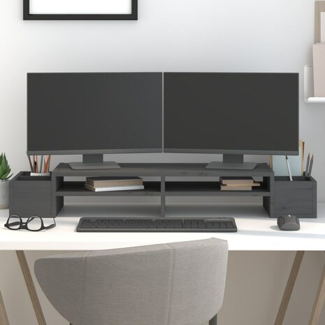Monitorstandaard 100x27,5x15 cm massief grenenhout grijs 1