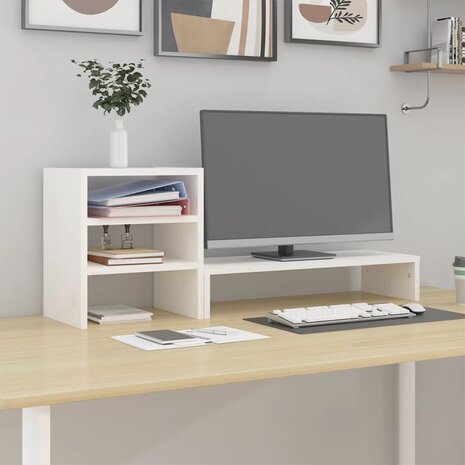 Monitorstandaard 81x20x30 cm massief grenenhout wit 1