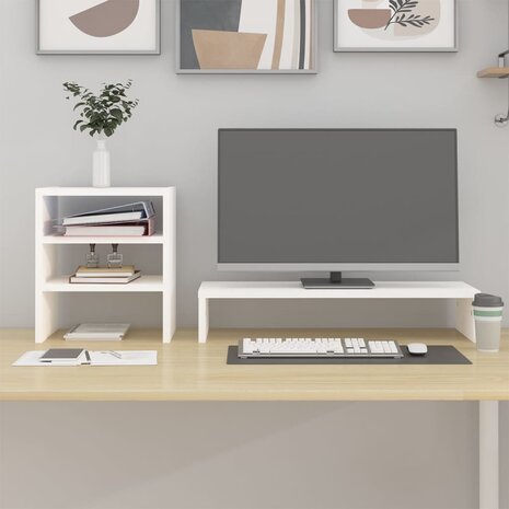 Monitorstandaard 81x20x30 cm massief grenenhout wit 3