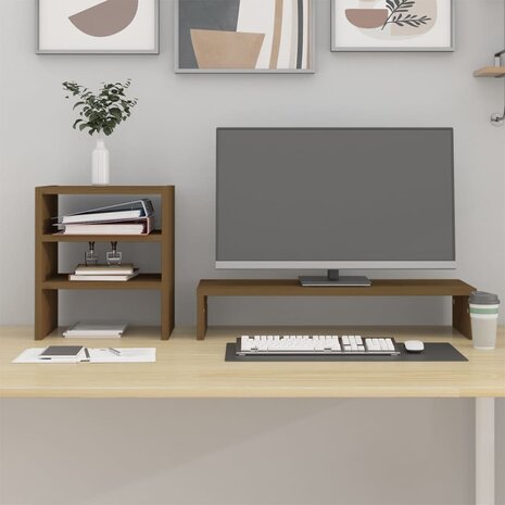 Monitorstandaard 81x20x30 cm massief grenenhout honingbruin 3