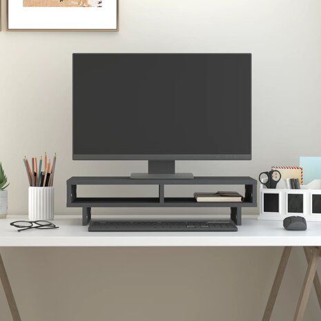 Monitorstandaard 60x27x14 cm massief grenenhout grijs 3