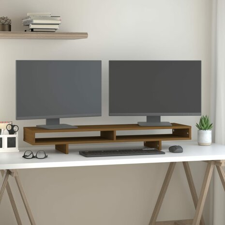 Monitorstandaard 100x27x14 cm massief grenenhout honingbruin 1