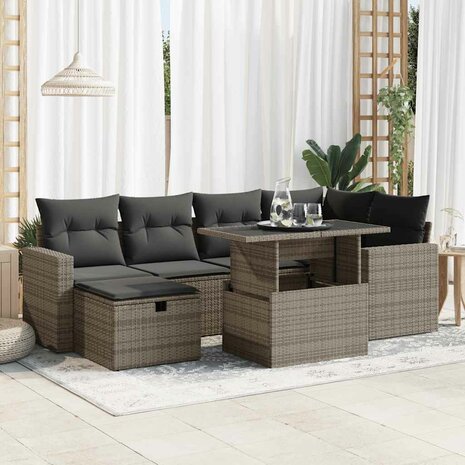 7-delige Loungeset met kussens poly rattan grijs 1