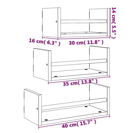 3-delige Wandschappenset met stangen bewerkt hout zwart 8