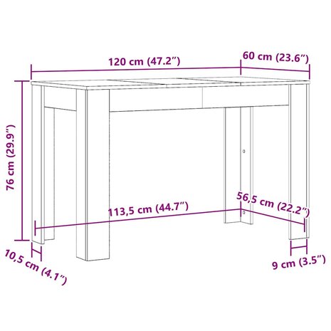 Eettafel 120x60x76 cm bewerkt hout oud houtkleurig 10