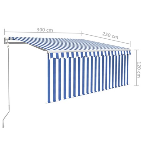 Luifel met rolgordijn, LED en windsensor 3x2,5 m blauw en wit   10