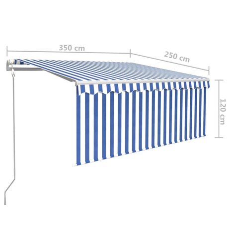 Luifel met rolgordijn, LED en windsensor 3,5x2,5 m blauw en wit   10