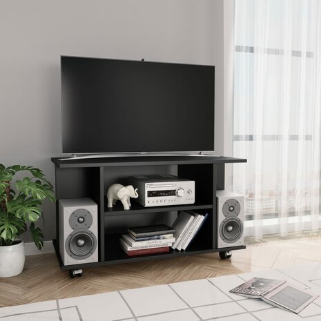 Tv-meubel met wieltjes 80x40x45 cm bewerkt hout zwart 1