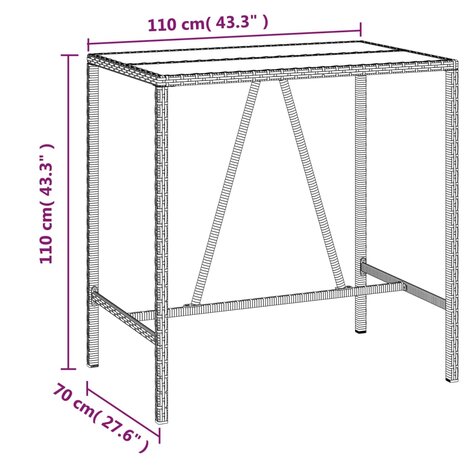 Bartafel met glazen blad 110x70x110 cm poly rattan grijs 6