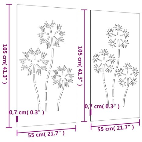 Wanddecoratie tuin 2 st bloemenontwerp 105x55 cm cortenstaal 8