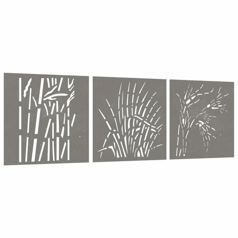 Wanddecoratie tuin 3 st grasontwerp 55x55 cm cortenstaal 3