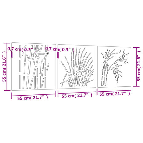 Wanddecoratie tuin 3 st grasontwerp 55x55 cm cortenstaal 8