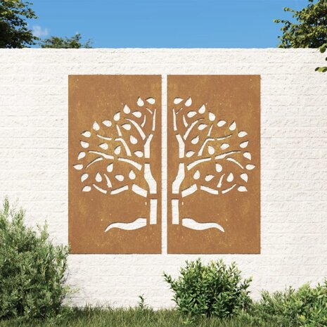 Wanddecoratie tuin 2 st boomontwerp 105x55 cm cortenstaal 1