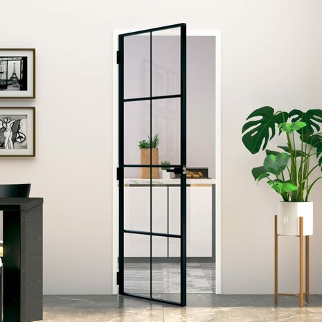 Binnendeur 76x201,5 cm gehard glas en aluminium smal zwart 1