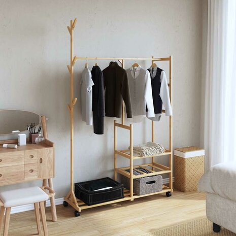 Kledingrek met schappen en wielen 100x38x175,5 cm bamboe 2