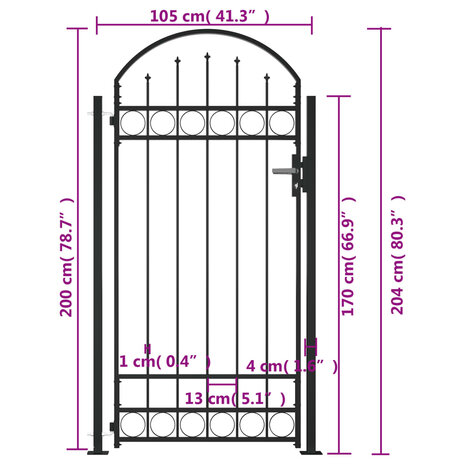 Poort met gebogen bovenkant en 2 palen 105x204 cm zwart 5