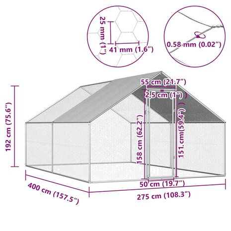 Kippenhok 2,75x4x1,92 m gegalvaniseerd staal   6