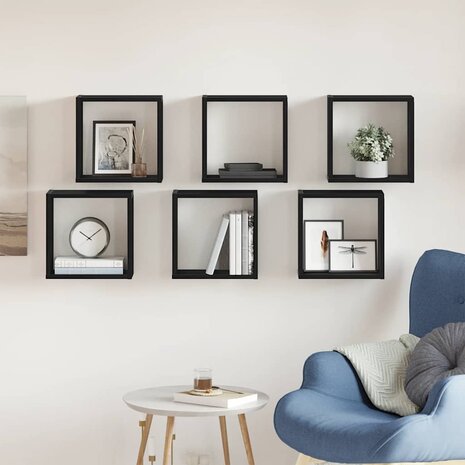 Wandschappen kubus 6 st 30x15x30 cm bewerkt hout zwart eiken 1