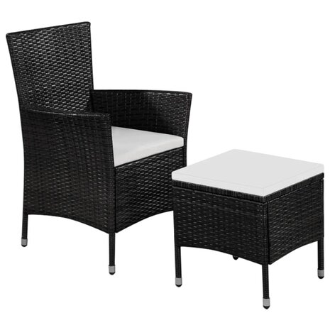 Tuinstoel en kruk met kussens poly rattan zwart 1