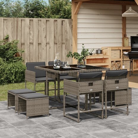 9-delige Tuinset met kussens poly rattan grijs 1