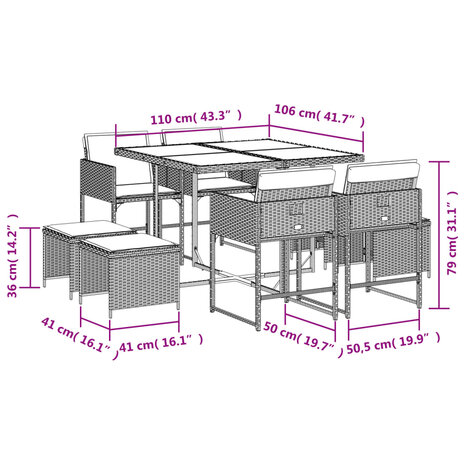 9-delige Tuinset met kussens poly rattan grijs 6