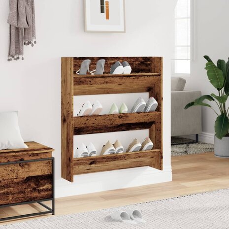 Wandschoenenkast 80x18x90 cm bewerkt hout oud houtkleurig 3