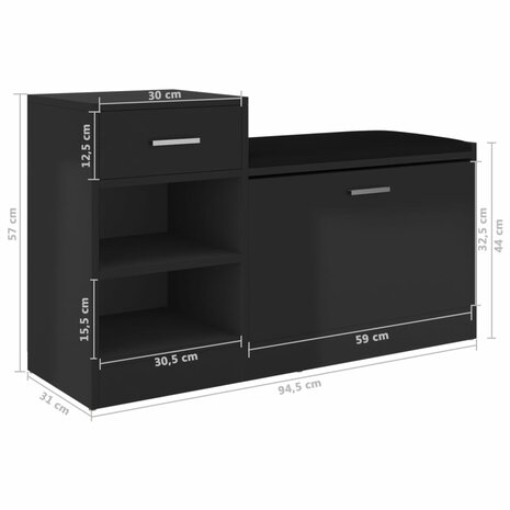 Schoenenbank 94,5x31x57 cm bewerkt hout hoogglans zwart 7