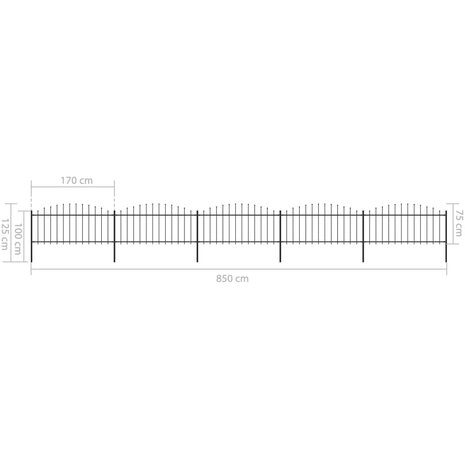 Tuinhek met speren bovenkant (0,5-0,75)x8,5 m staal zwart 5