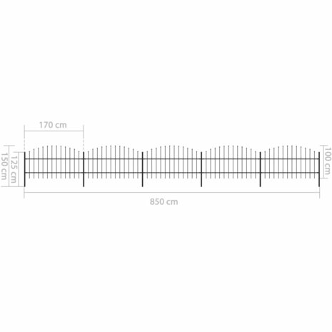 Tuinhek met speren bovenkant (0,75-1)x8,5 m staal zwart 5