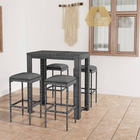 5-delige Tuinbarset met kussens poly rattan grijs 1