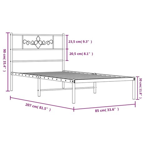 Bedframe met hoofdbord metaal zwart 80x200 cm 9
