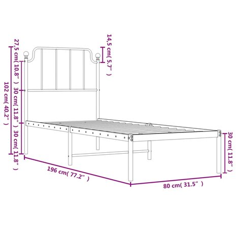 Bedframe met hoofdbord zonder matras metaal wit 75x190 cm 9