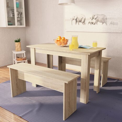 Eettafel en banken 3 st bewerkt hout eikenkleurig 1