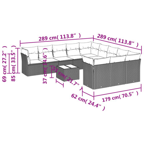 12-delige Loungeset met kussens poly rattan bruin 3