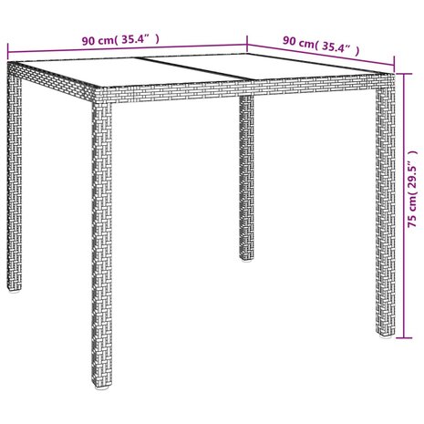 Tuintafel 90x90x75 cm gehard glas en poly rattan grijs 6