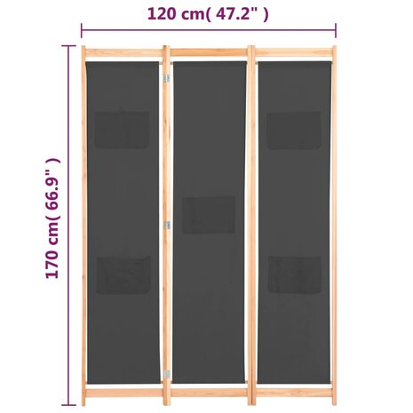 Kamerscherm met 3 panelen 120x170x4 cm stof grijs 8