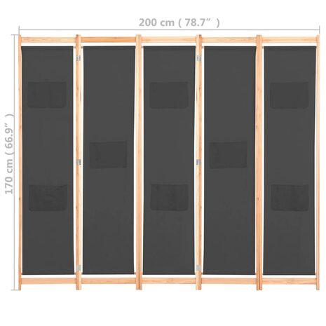 Kamerscherm met 5 panelen 200x170x4 cm stof grijs 8