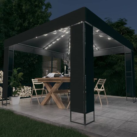 Prieel met dubbel dak en LED-lichtslinger 3x3 m antracietkleur 1