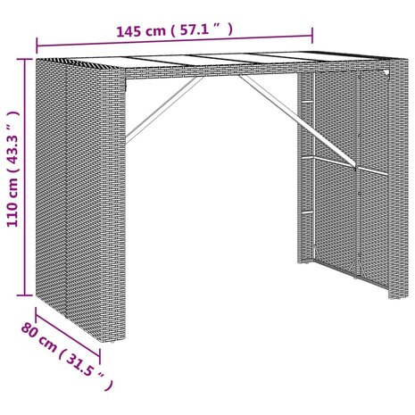 Bartafel met glazen blad 145x80x110 cm poly rattan grijs 6