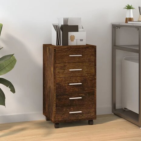 Ladekast met wieltjes bewerkt hout gerookt eikenkleurig 1
