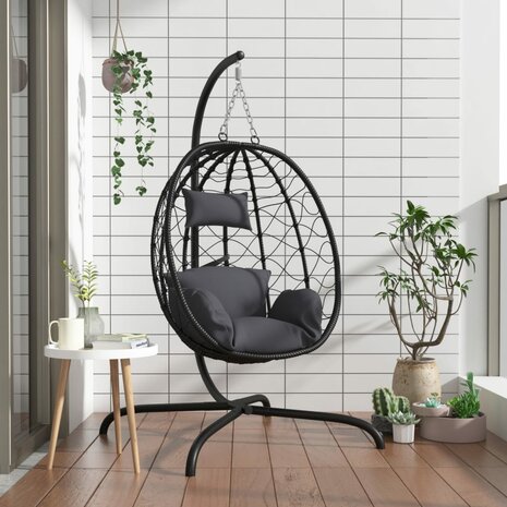 Hangstoel met kussen poly rattan en staal antracietkleurig 1